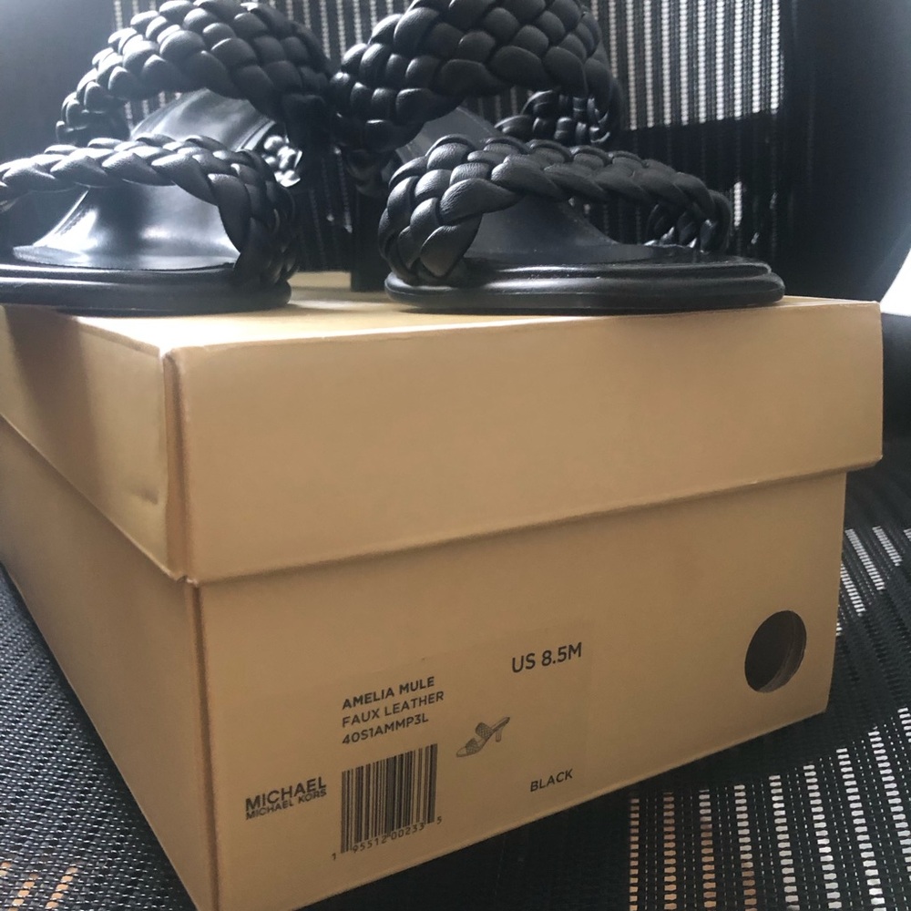 Michael Kors Black Braided faux Leather Slide Sandals - Picture 4 of 5